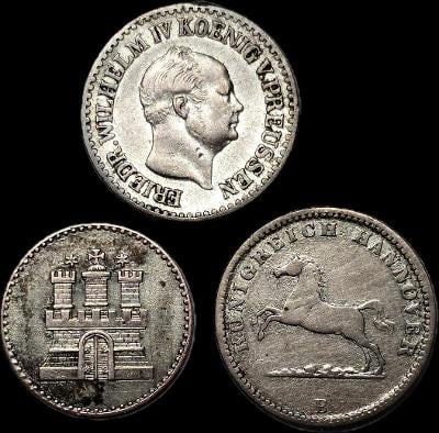 Tři stříbrné mince z let 1854, 1855 a 1858