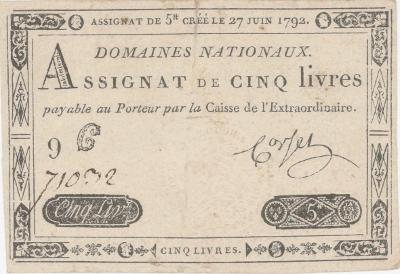 Francie, 5 Livres, 27.6.1792, Pick A60, VF