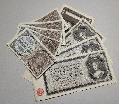 Konvolut bankovek (9ks) protektorátu 1939-45 zachov. stav z oběhu .