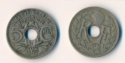 Francie 5 centimes 1917 nový typ