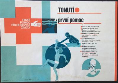 PRVNÍ POMOC, TONUTÍ, ŠKOLNÍ PLAKÁT, 1978