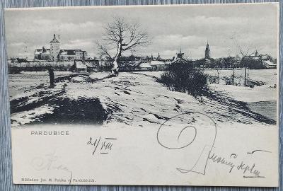 Pardubice - Pardubitz - zimní záběr na město - dlouhá adresa - 1900