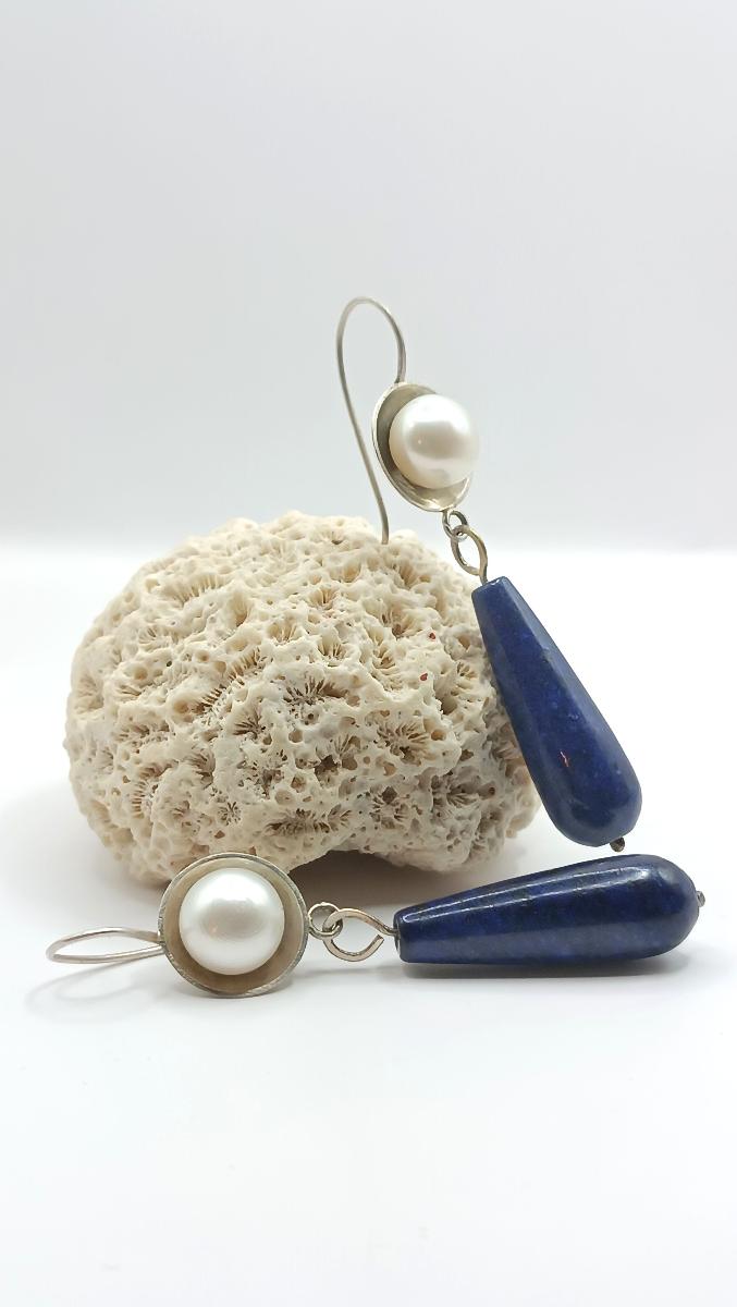 Originálne strieborné náušnice s perlou a lapis lazuli - Strieborné šperky