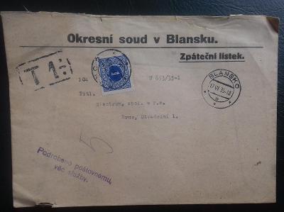 ČSR1,1935, obálka s doplatní známkou, Blansko