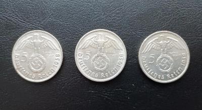 Konvolut 3 kusů stříbrných 5 marek 1938 mincovny A, E, D - svastika