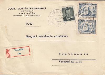 ČSR 1949 R-dopis Trenčín vypl. 2x 5 Kčs Smetana + 1 Kčs,  j. Starinský
