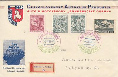 ČSR1938 R-dopis příležitostné razítko Pardubice Auto-Moto Závody