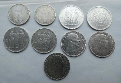Lot mincí - 10 + 20 kč 1928 - 1937 ( 9 ks )