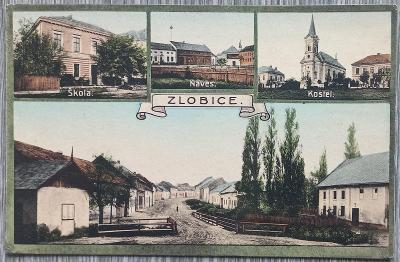Zlobice - okr. Kroměříž - škola, náves, kostel - hezké - cca 1915 