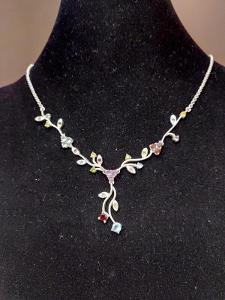Sterling Floral Necklace W/ Colored Stones 18 In.