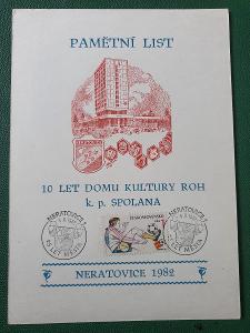 Pamětní list 1982 - Neratovice 10. let domu kultury