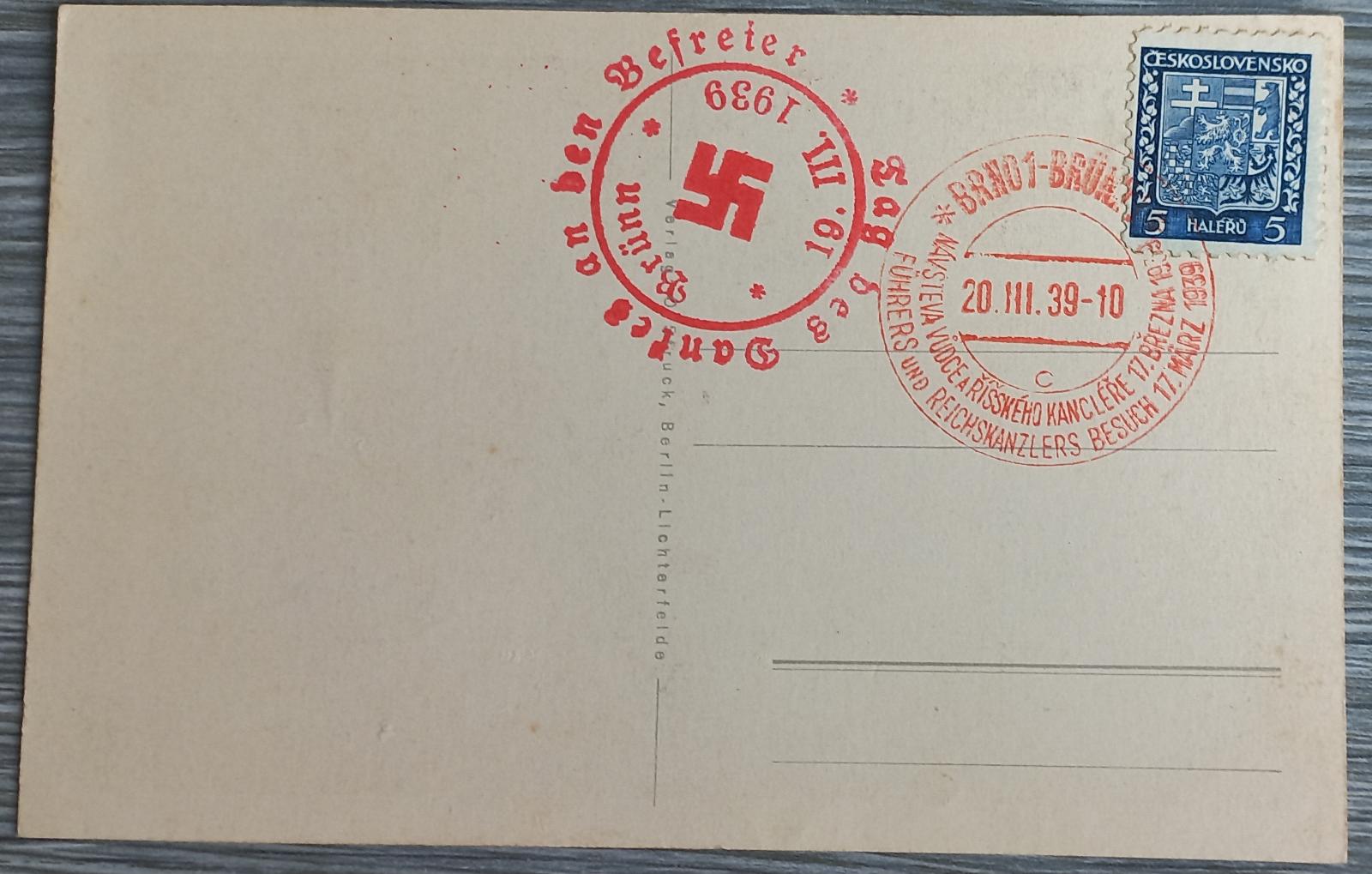 20.3. 1939 Führer v Brne - pečiatky - Tag der Befreiung - A. Hitler - Zberateľstvo