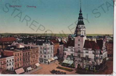 Opava (Troppau), náměstí, radnice, obchody, litogr