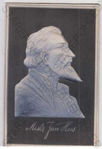 Mistr Jan Hus, busta, kolorovaná, plastická karta