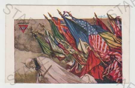 Y.M.C.A., muž, vojak, vlajka, kolorovaná