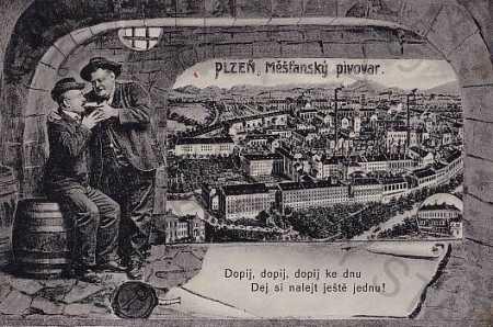 Plzeň - Pilsen, celkový pohled, pivovar, pijáci