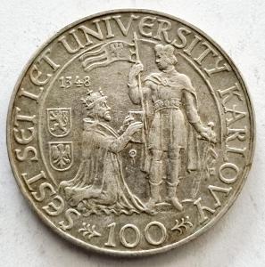 Stříbrná 100 koruna 1948- 600.výročí založení K.univerzity.