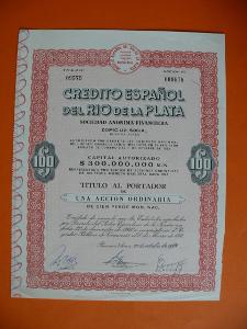 ARGENTINA Akcie Credito Espaňol del Rio de la Plata banka Buenos 1961