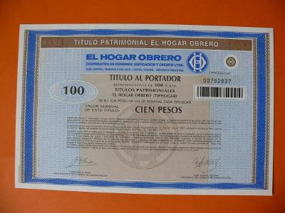 ARGENTINA Akcie EL HOGAR OBRERO družstevní banka podíl 100 pesos 1987