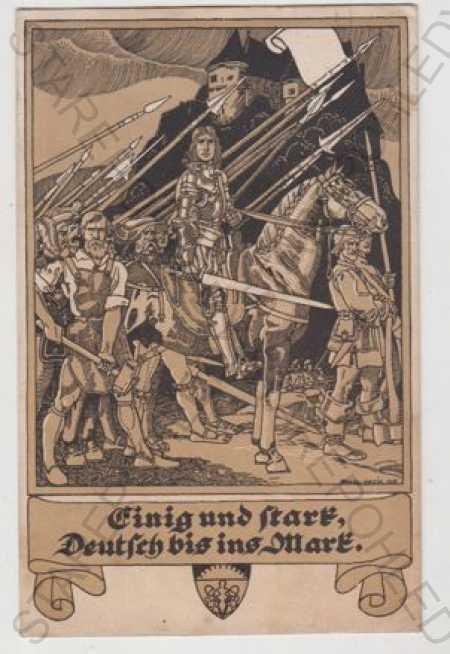 Vojenstvo, vojak, kôň, zbraň, erb, litografia - Pohľadnice miestopis