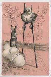 Velikonoce - kuřátko na chůdách, zajíc, litografie