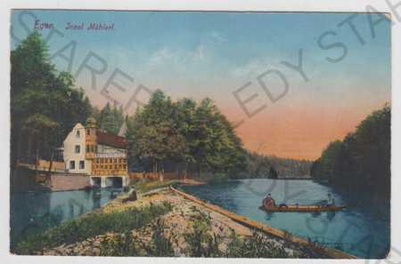 Cheb (Eger), mlýn, řeka, loď, kolorovaná