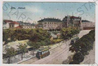 Brno, nádraží, tramvaj, kolorovaná
