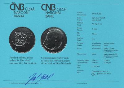 PSM 093 certifikát ČNB s podpisem autora - Otto Wichterle
