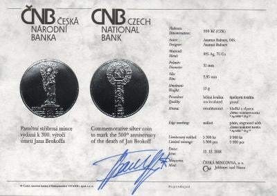 PSM 119 certifikát ČNB s podpisem autora - Jan Brokoff