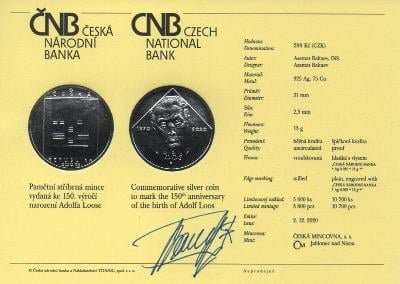 PSM 130 certifikát ČNB s podpisem autora - Adolf Loos