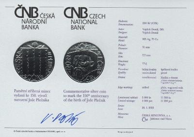 PSM 136 certifikát ČNB s podpisem autora - Josip Plečnik