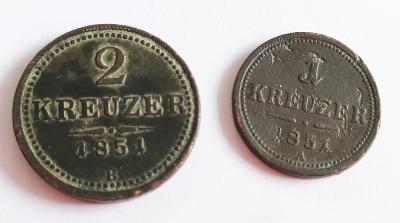 Mince 2 krejcary 1851 B, 1 krejcar 1851 A /Rakouská říše.