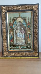 Nádherný Hrající Starožitný obraz Svatá rodina † Plně funkční 74x54cm