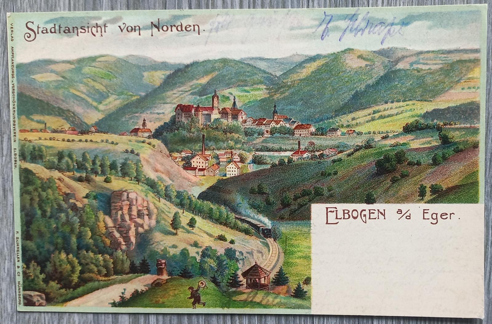 Lakeť - Elbogen - hrad - pohľad od severu - pekné litho - cca 1905 - Pohľadnice miestopis