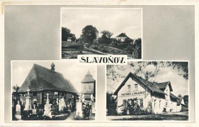 Slavoňov, okr. Náchod, dřevěný kostel a zvonice, hospoda u Valášků