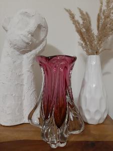 Krásná růžovo žlutá váza z hutního skla - Josef Hospodka