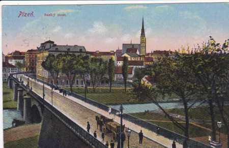 Plzeň,celkový záběr na Saský most,kresba