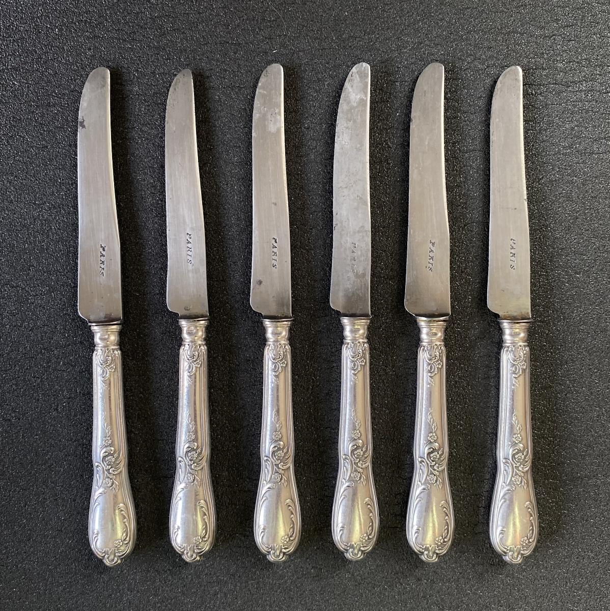 6x starožitný postriebrený nôž 21 cm, Francúzsko - Starožitnosti