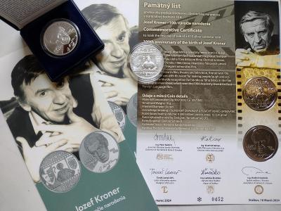 Jozef Kroner - památný dopis + mince BK a proof