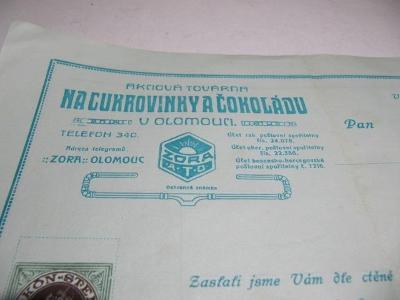 ZORA - Továrna na cukrovinky a čokoládu dobový účet 1915