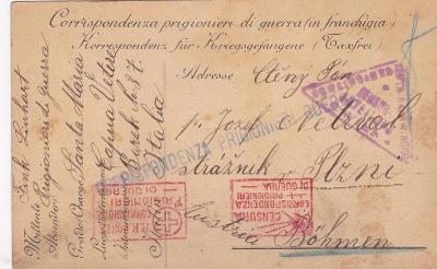 Itálie, zajatecká pošta, text 1917 - Plzeň.