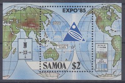 ! ** Samoa Mi.Bl.36 Mapa světa, výstava EXPO ´85 (Mi€ 4,-)