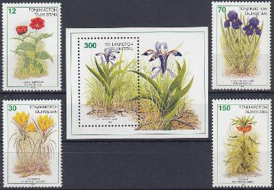 Tádžikistán ** Mi.124-127+Bl.12 Květiny, rostliny, flóra (Mi€ 7)