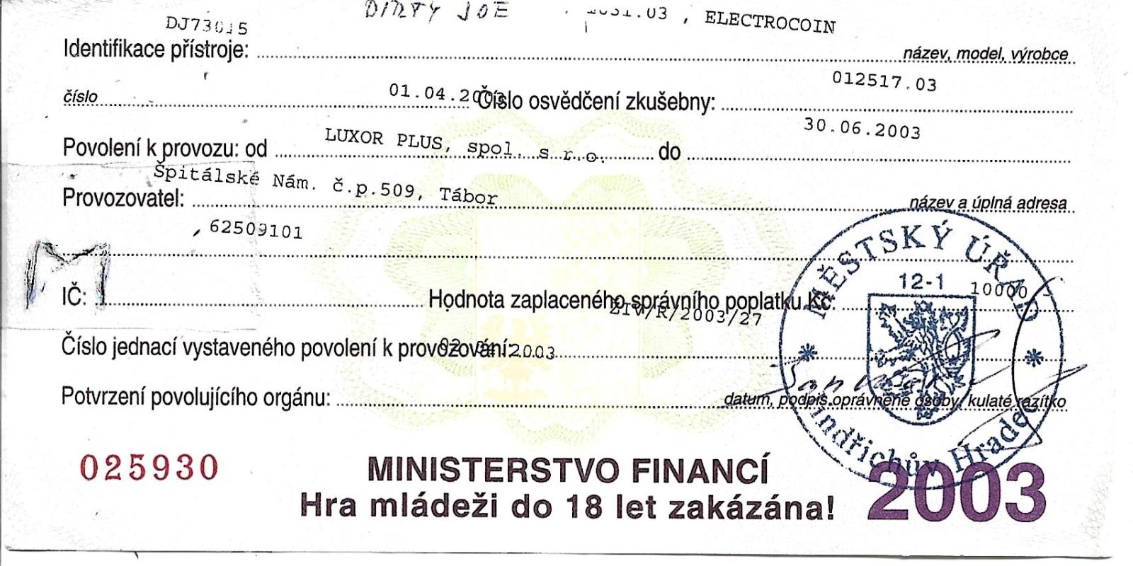 Kolkový poplatok za prevádzku automatov, 2003, Jindrichuv Hradec. - Filatelia