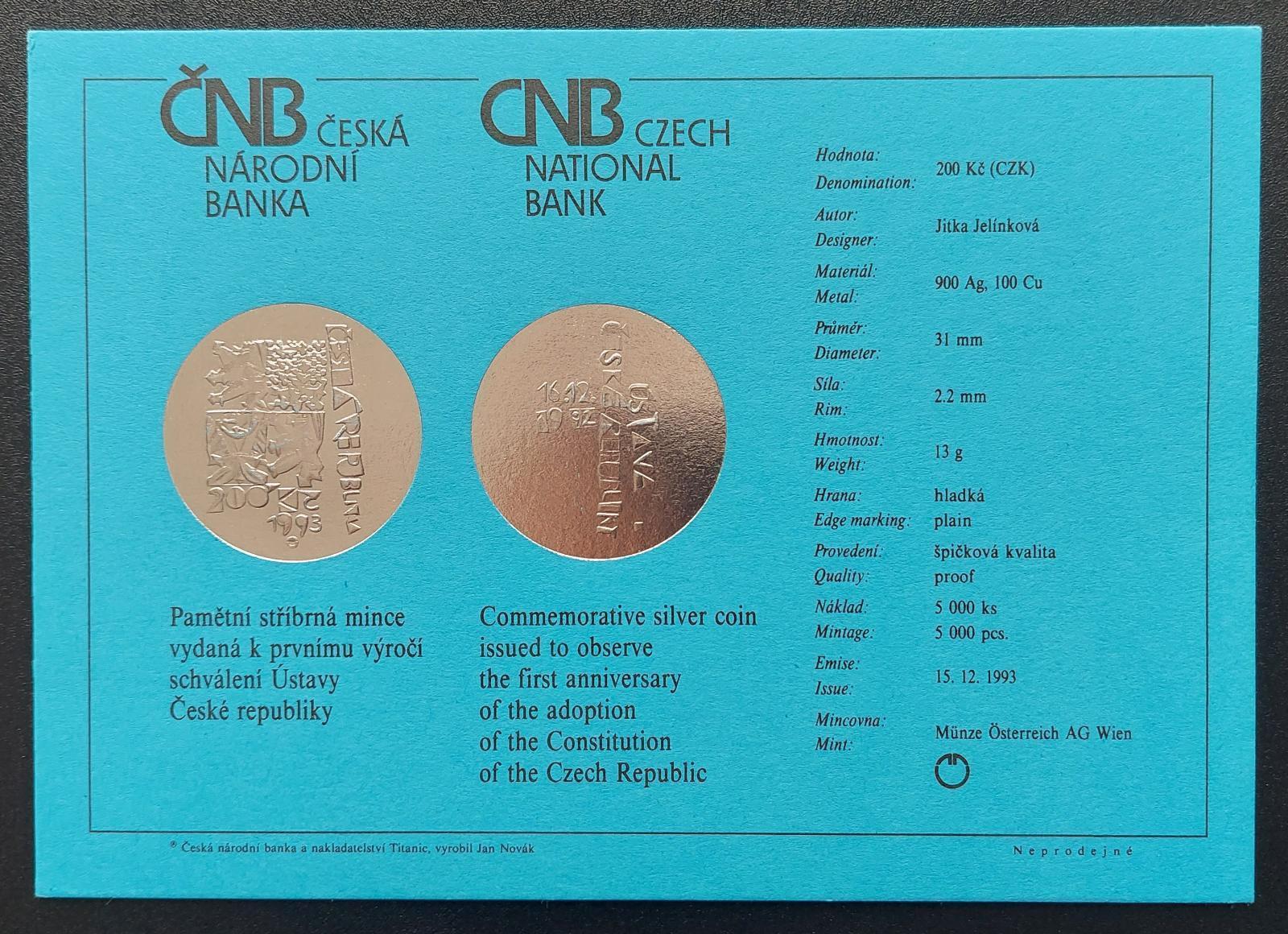 Certifikát PROOF k Ag minci Ústava SR 200 Kč 1993 - Numizmatika