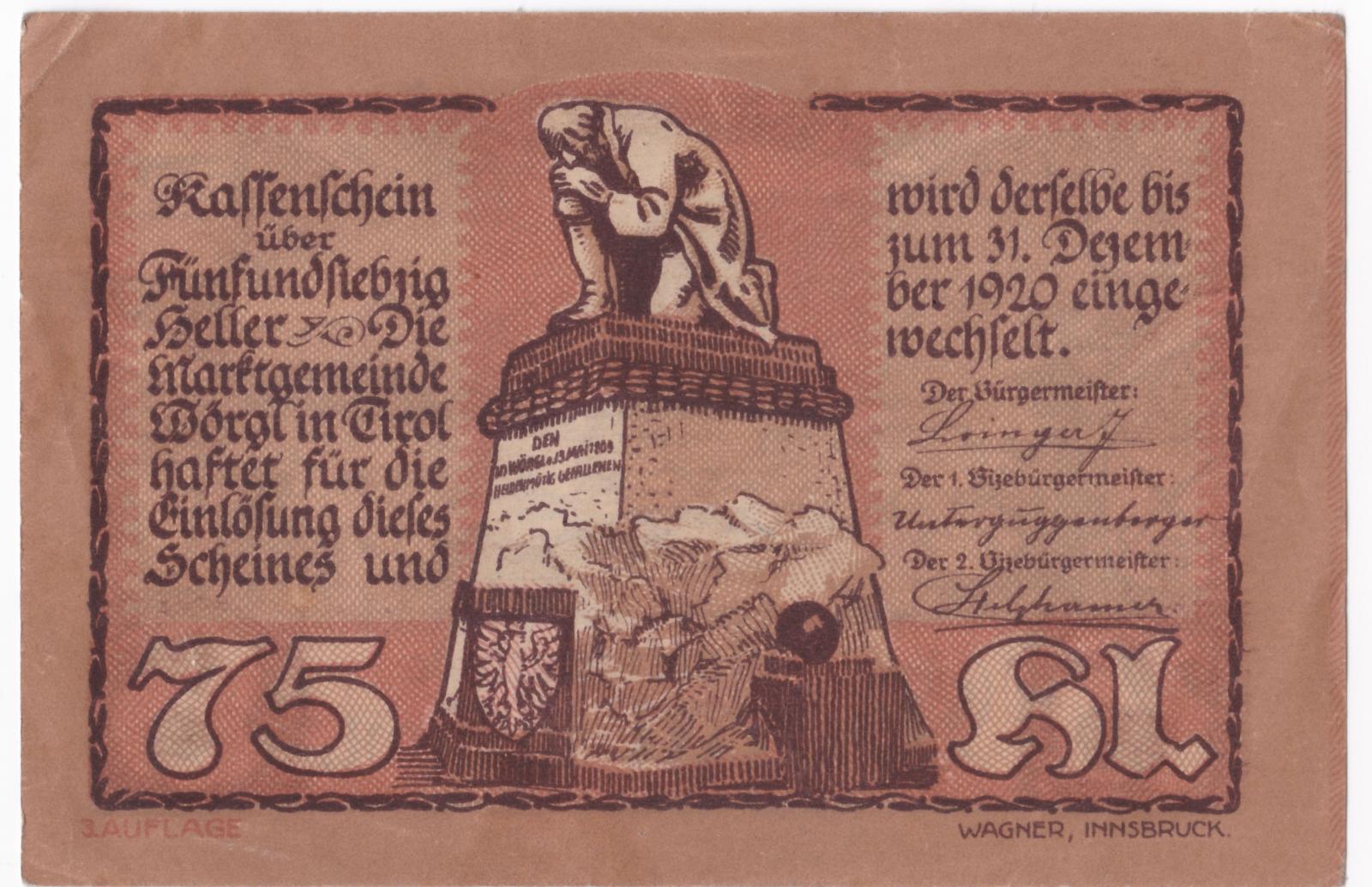 Rakúsko, Wörgl Tirol Marktgemeinde, 75 Heller, 1920 - Bankovky