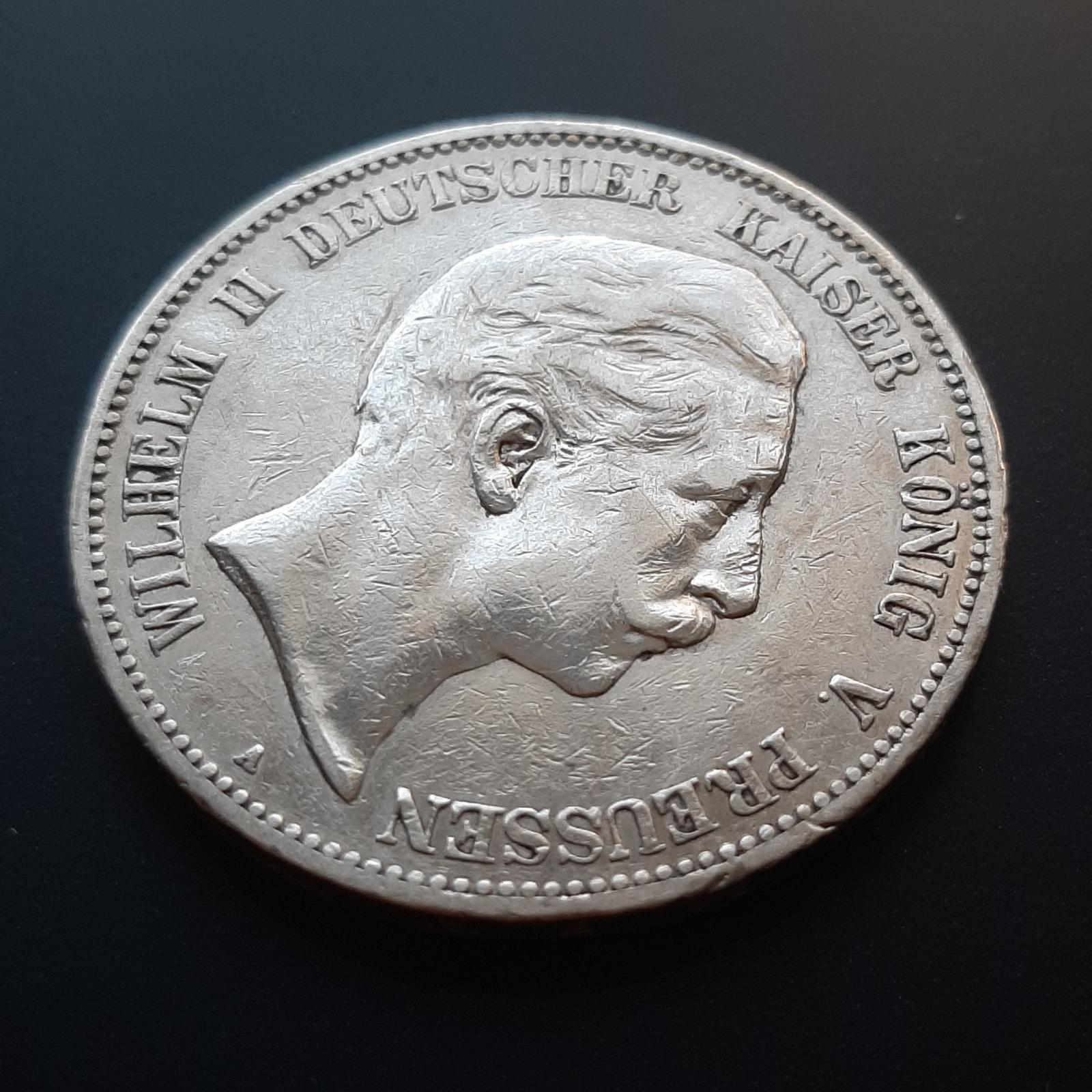Strieborná minca 5 mariek 1904 - Willhelm II. - Numizmatika