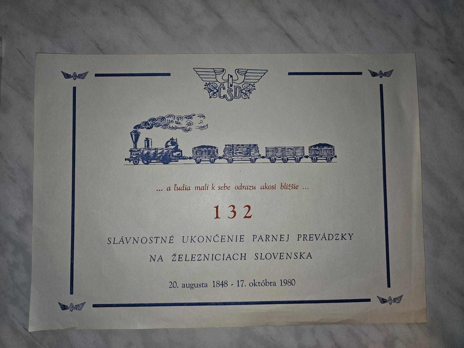 Pamätný list k ukonceniu parnej prevadzky na železnici - Zberateľstvo dopravy