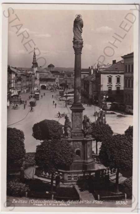 Svitavy - Zwittau, námestie, stĺp, kostol - Pohľadnice miestopis