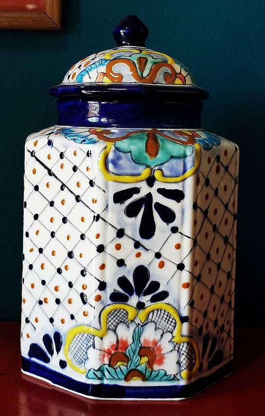 MEXICO - obrovská keramická fajans ručne maľovaná glazúrovaná DÓZA osemhranná - Starožitnosti a umenie